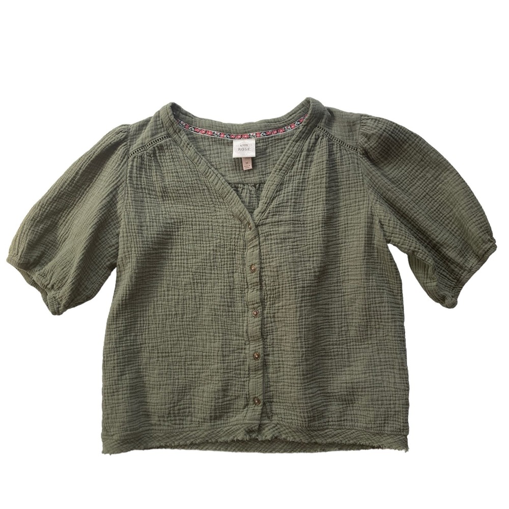 Knox Rose Cotton Gauze Button Front Puff Sleeve Top Size M Olive Green
